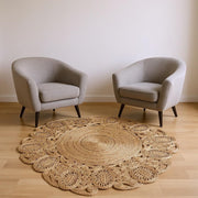 6' Natural Jute Abstract Geometric Hand Braided Round Rug-Area Rugs-DECOROLALA