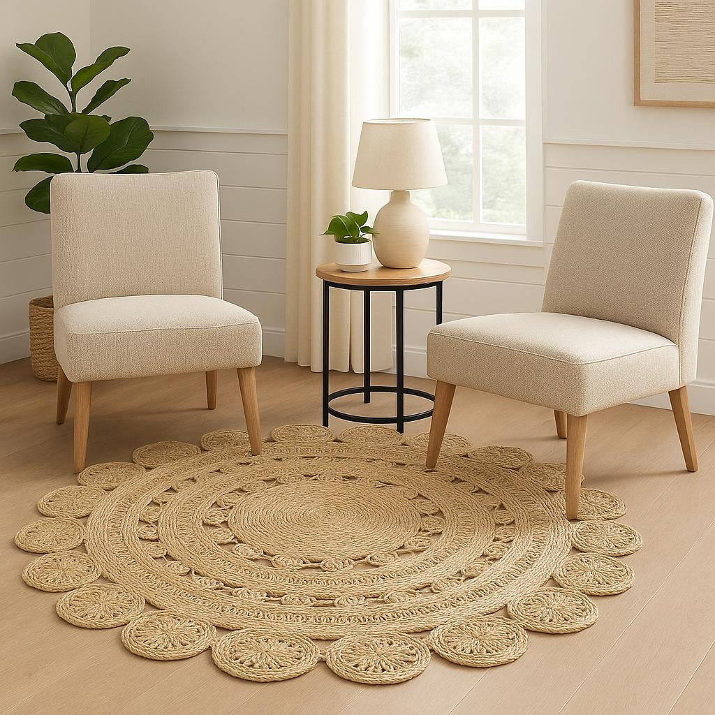 6' Natural Jute Abstract Geometric Hand Braided Round Rug-Area Rugs-DECOROLALA