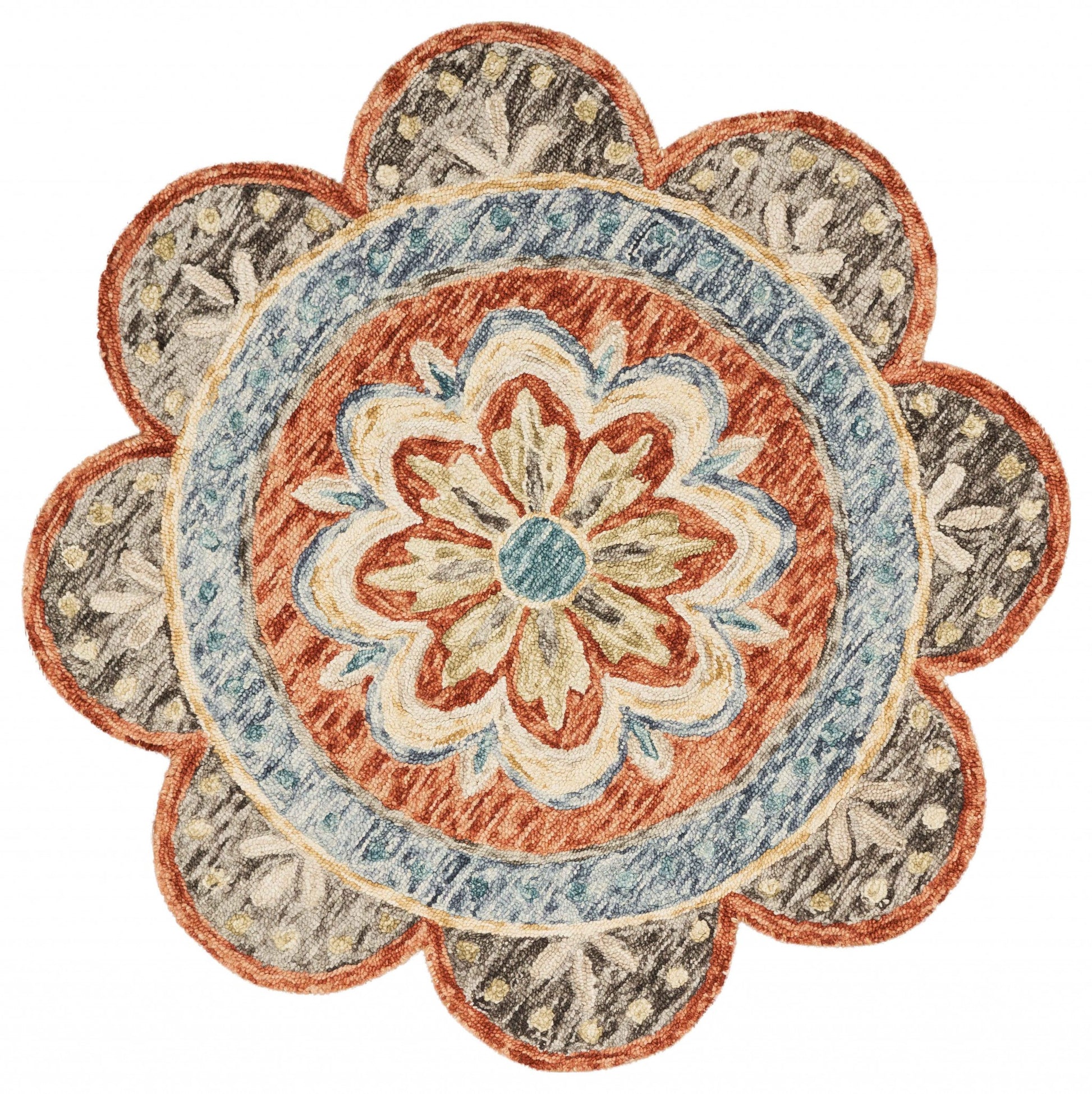 6' Orange And Red Wool Floral Hand Tufted Round Rug-Area Rugs-DECOROLALA