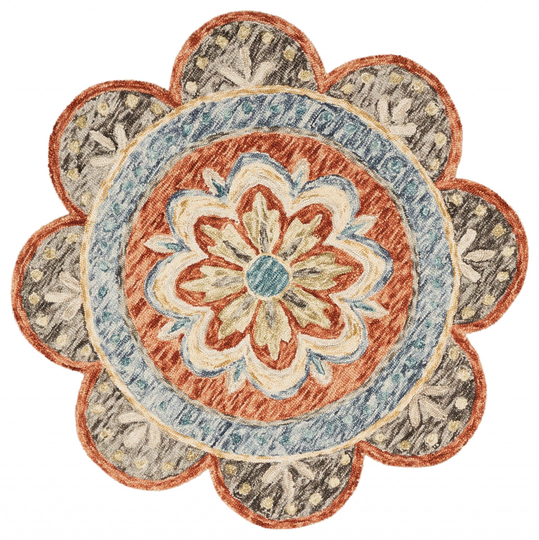 6' Orange And Red Wool Floral Hand Tufted Round Rug-Area Rugs-DECOROLALA