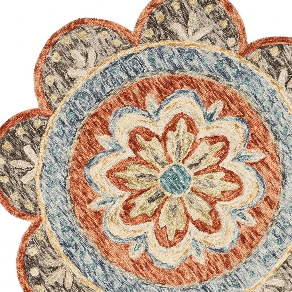 6' Orange And Red Wool Floral Hand Tufted Round Rug-Area Rugs-DECOROLALA