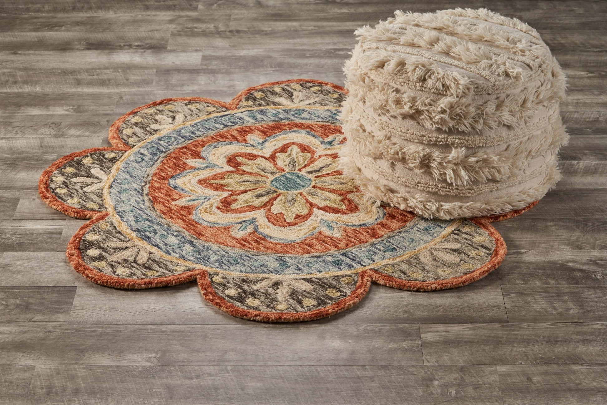6' Orange And Red Wool Floral Hand Tufted Round Rug-Area Rugs-DECOROLALA