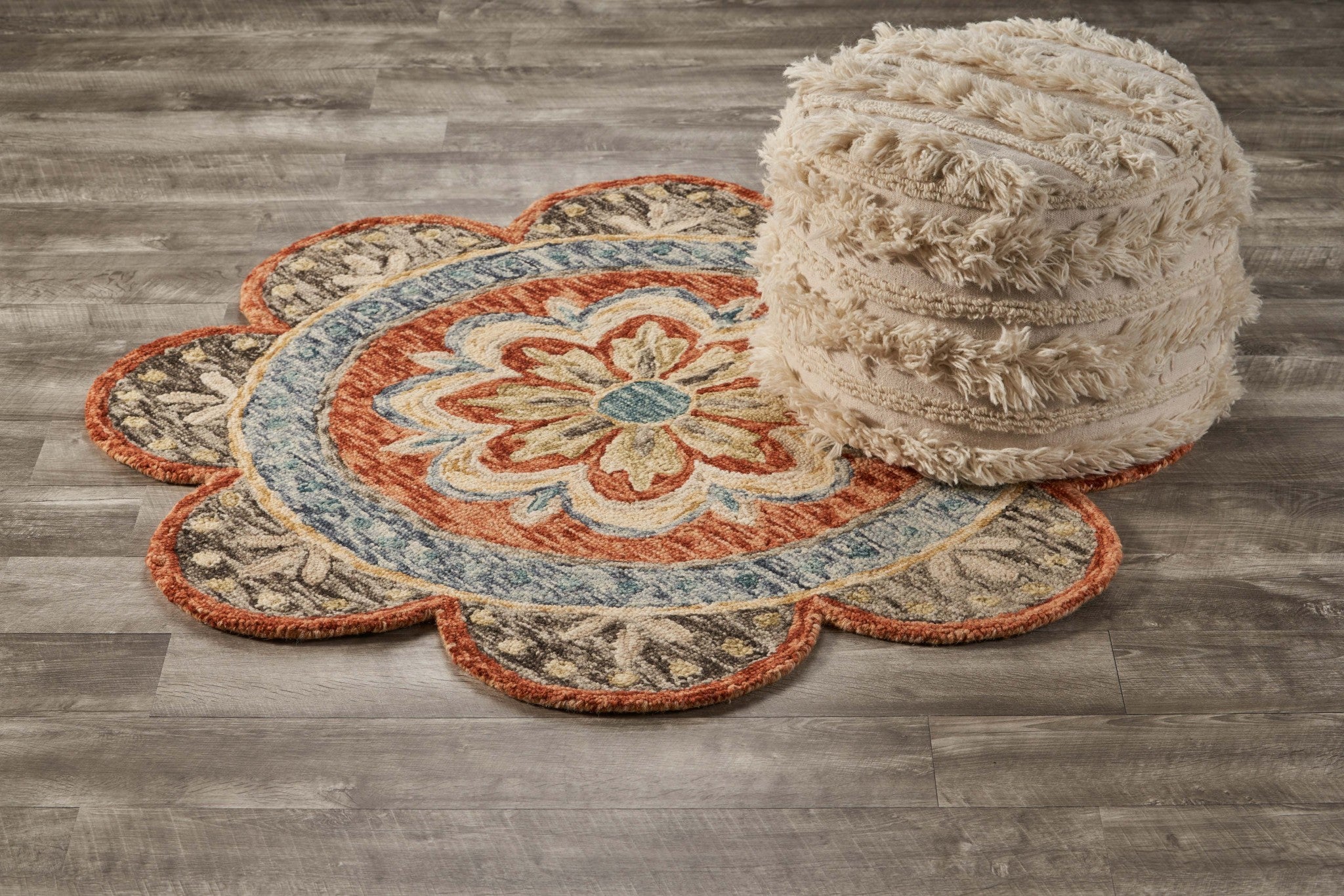 6' Orange And Red Wool Floral Hand Tufted Round Rug-Area Rugs-DECOROLALA