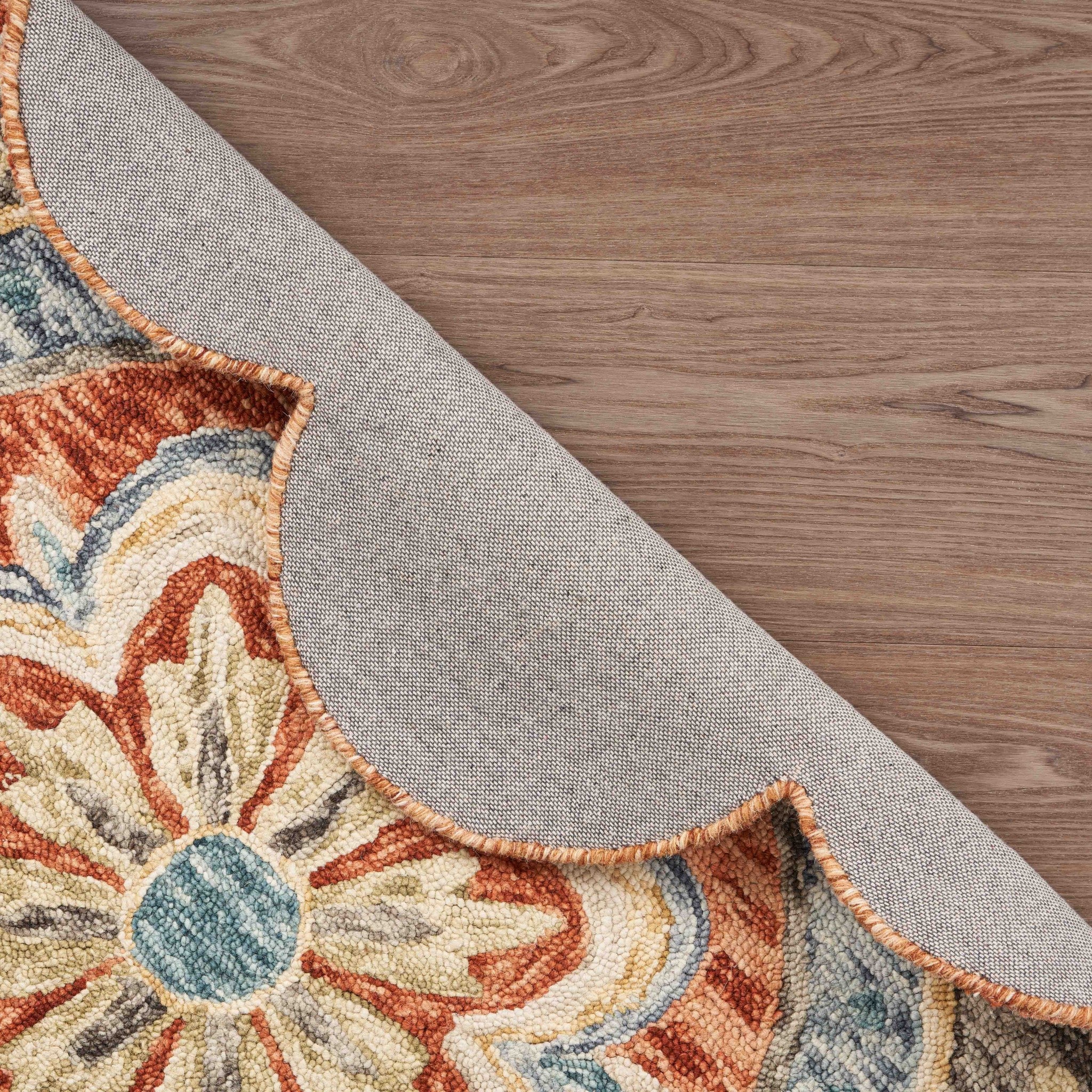 6' Orange And Red Wool Floral Hand Tufted Round Rug-Area Rugs-DECOROLALA