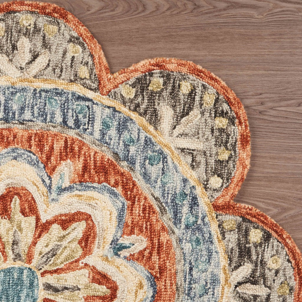 6' Orange And Red Wool Floral Hand Tufted Round Rug-Area Rugs-DECOROLALA