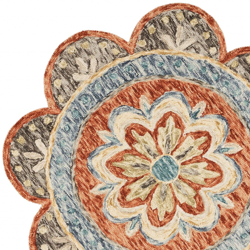 6' Orange And Red Wool Floral Hand Tufted Round Rug-Area Rugs-DECOROLALA
