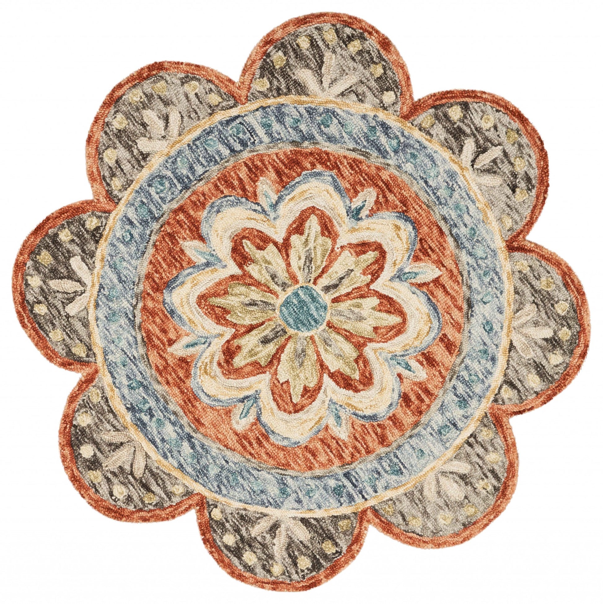 6' Orange And Red Wool Floral Hand Tufted Round Rug-Area Rugs-DECOROLALA