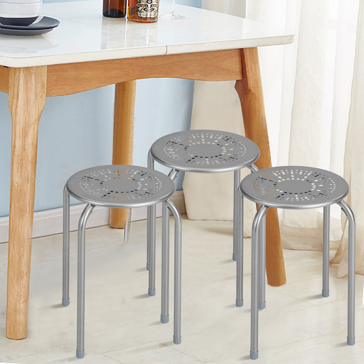 6-Pack Stackable Multifunctional Daisy Design Backless Round Metal Stool Set-Grey-Dining Chairs-DECOROLALA