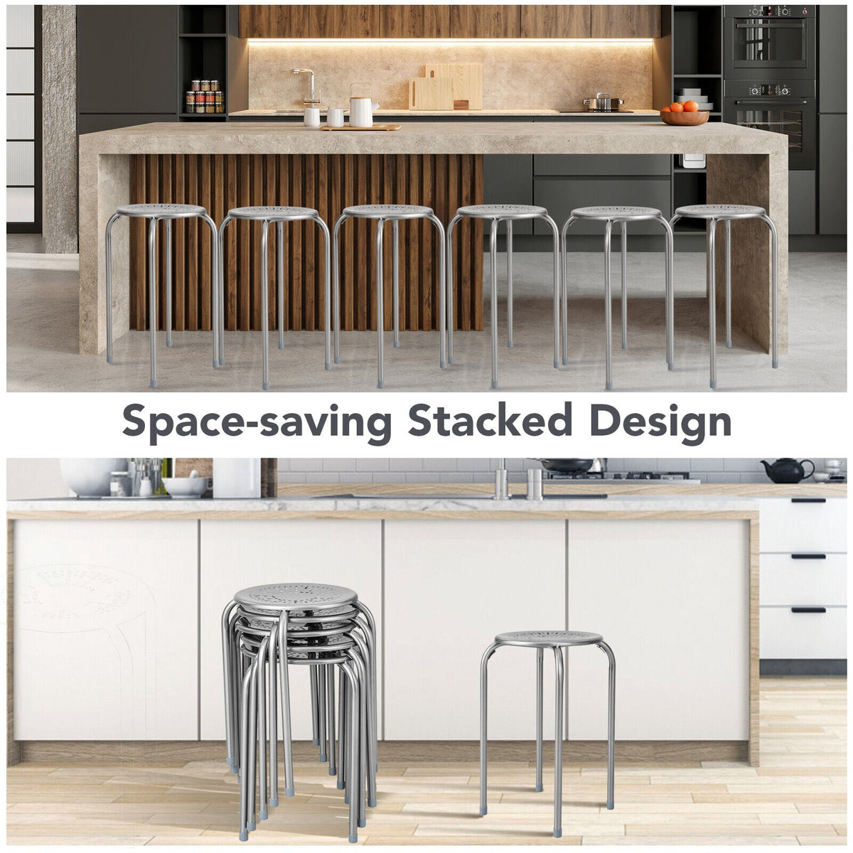 6-Pack Stackable Multifunctional Daisy Design Backless Round Metal Stool Set-Grey-Dining Chairs-DECOROLALA