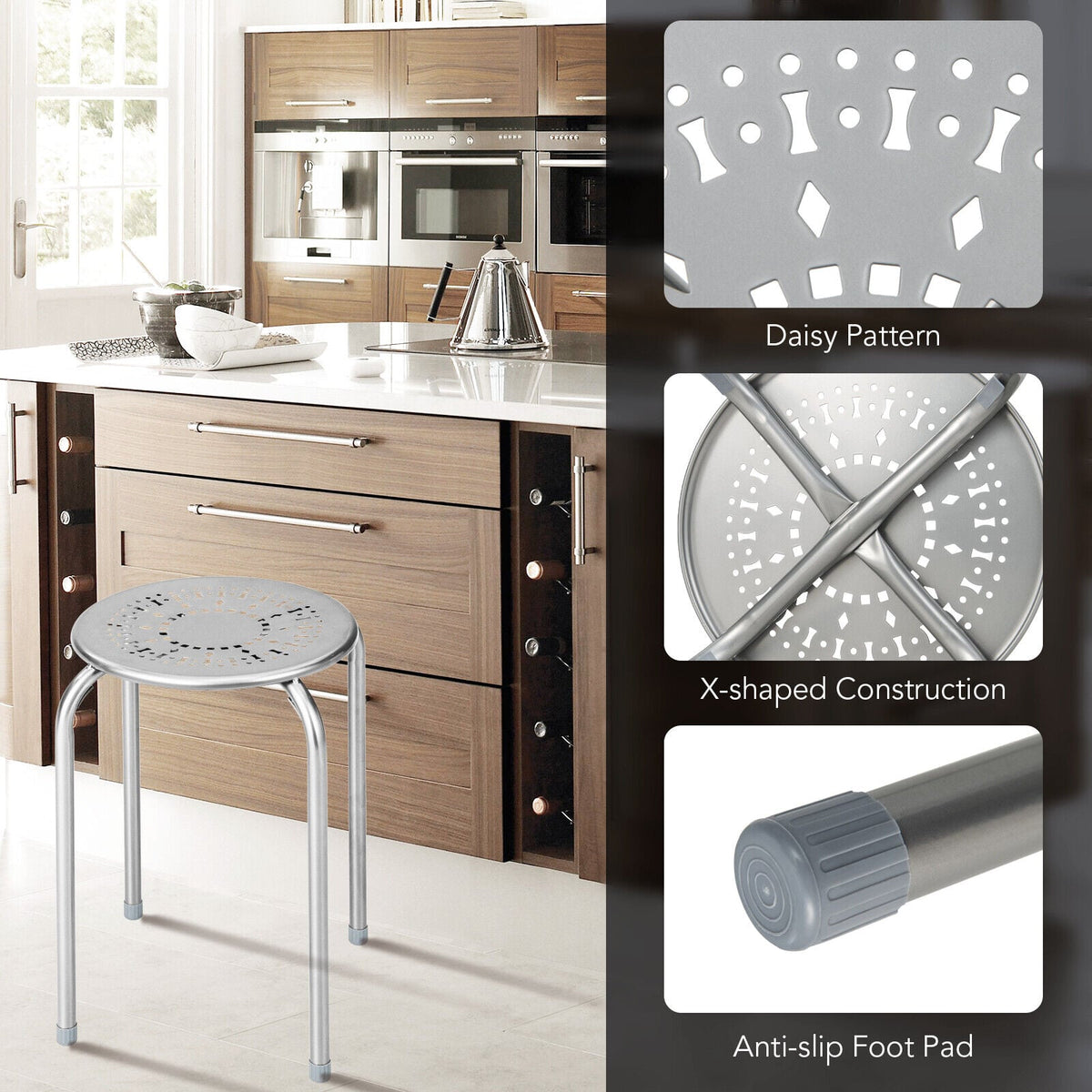 6-Pack Stackable Multifunctional Daisy Design Backless Round Metal Stool Set-Grey-Dining Chairs-DECOROLALA