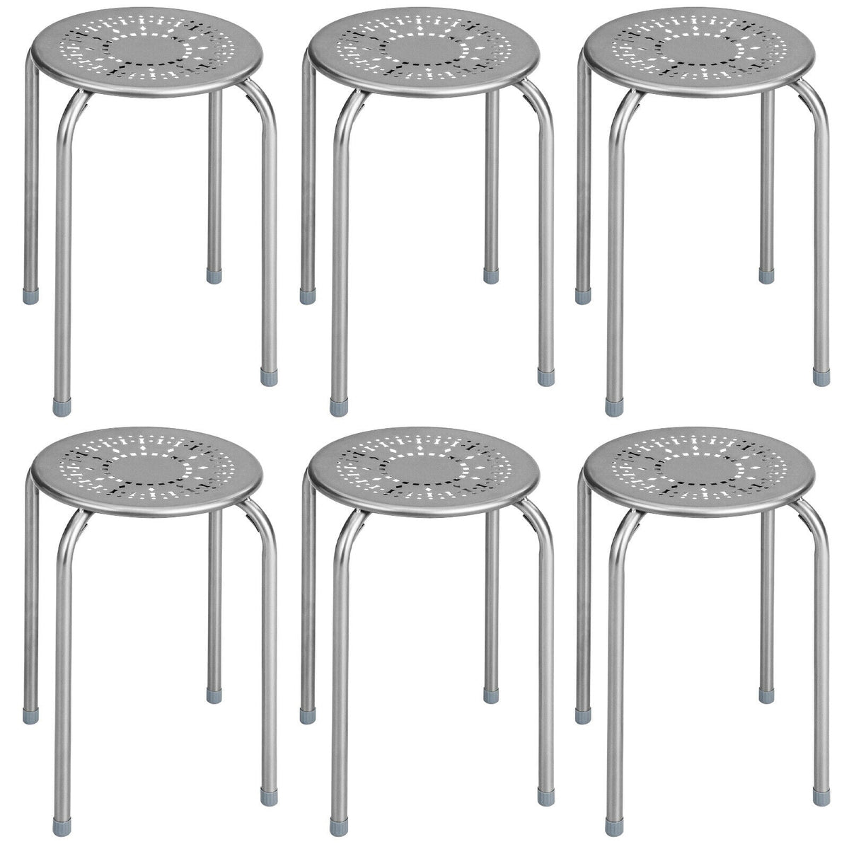 6-Pack Stackable Multifunctional Daisy Design Backless Round Metal Stool Set-Grey-Dining Chairs-DECOROLALA