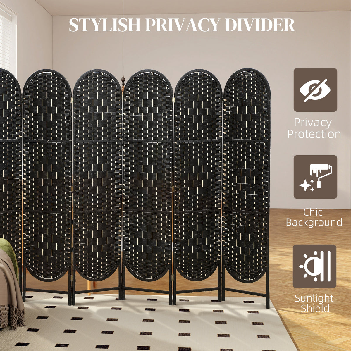 6-Panel Bohemian Folding Room Divider - Black 67" High-Home Furnishings > Living Room Furniture > Room Dividers-DECOROLALA