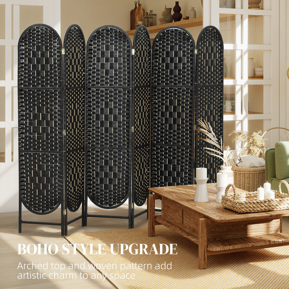 6-Panel Bohemian Folding Room Divider - Black 67" High-Home Furnishings > Living Room Furniture > Room Dividers-DECOROLALA