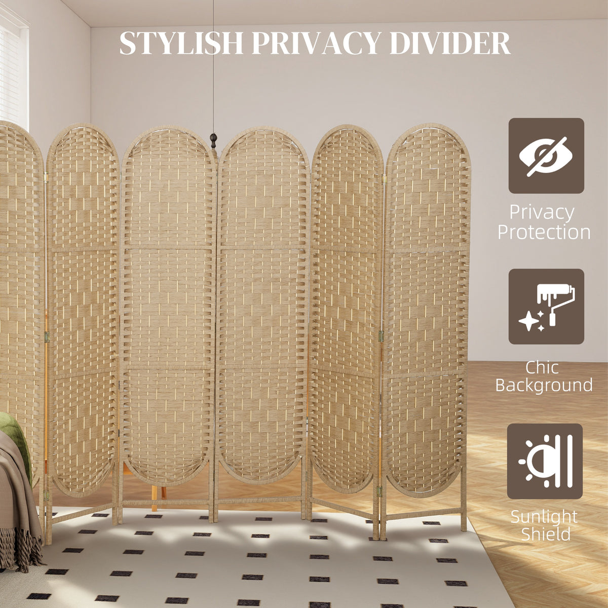 6-Panel Bohemian Room Divider - Natural Wood 67" H-Home Furnishings > Living Room Furniture > Room Dividers-DECOROLALA