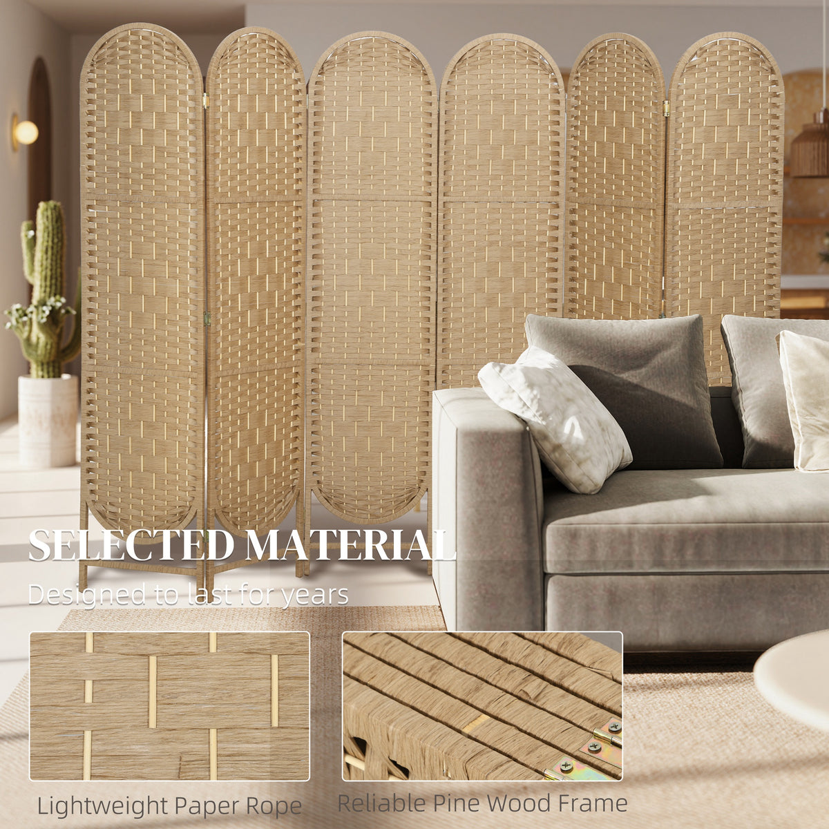 6-Panel Bohemian Room Divider - Natural Wood 67" H-Home Furnishings > Living Room Furniture > Room Dividers-DECOROLALA
