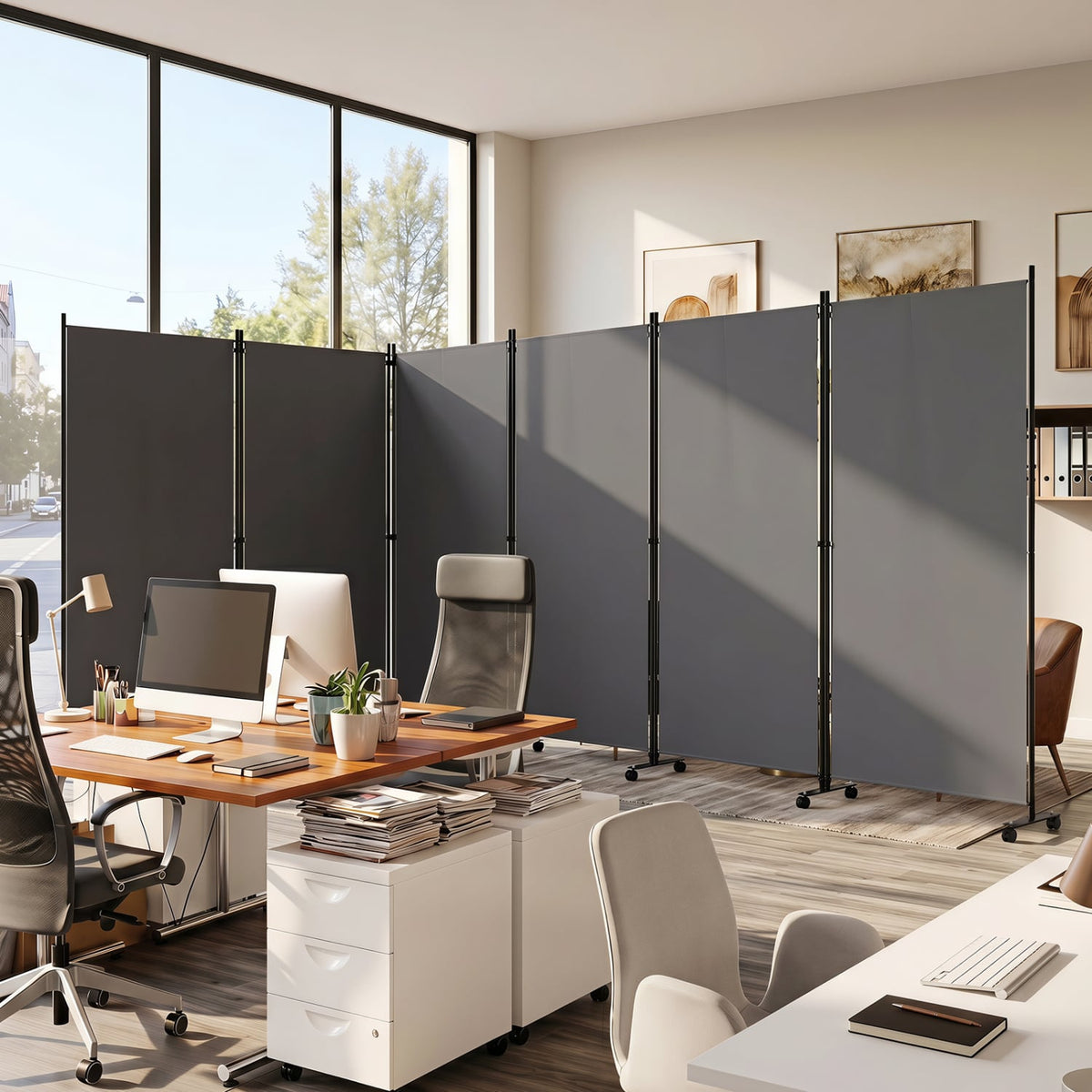 6 Panel Folding Privacy Screen Room Divider with Wheels-Gray-Room Dividers-DECOROLALA
