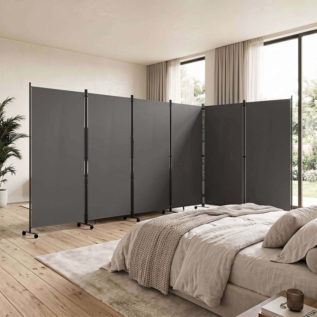 6 Panel Folding Privacy Screen Room Divider with Wheels-Gray-Room Dividers-DECOROLALA