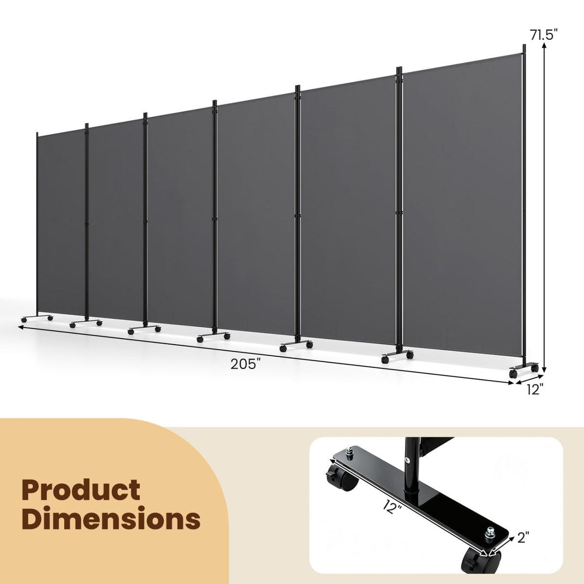6 Panel Folding Privacy Screen Room Divider with Wheels-Gray-Room Dividers-DECOROLALA