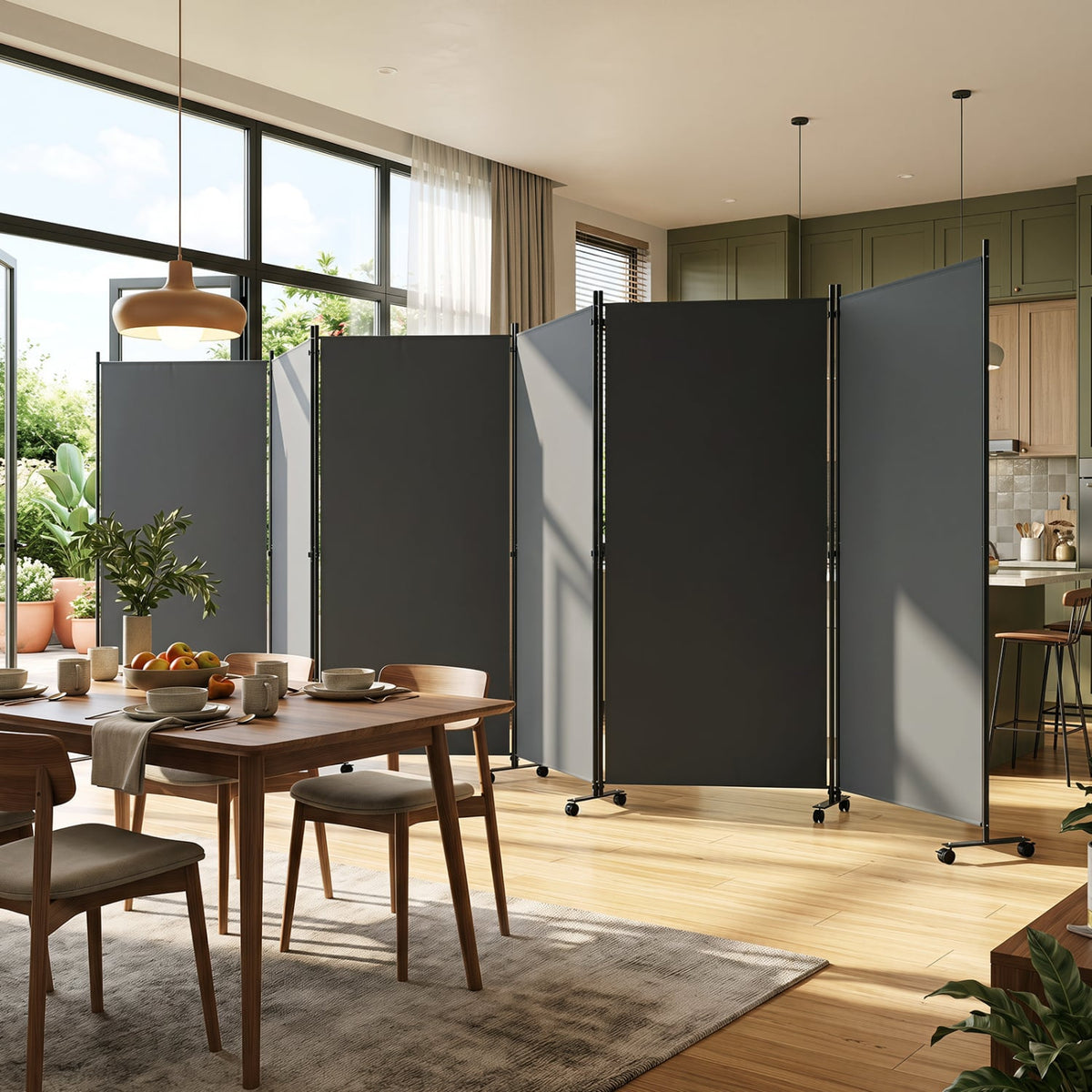 6 Panel Folding Privacy Screen Room Divider with Wheels-Gray-Room Dividers-DECOROLALA