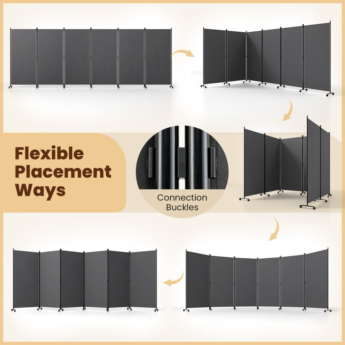 6 Panel Folding Privacy Screen Room Divider with Wheels-Gray-Room Dividers-DECOROLALA