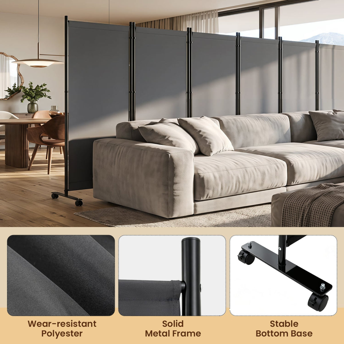 6 Panel Folding Privacy Screen Room Divider with Wheels-Gray-Room Dividers-DECOROLALA