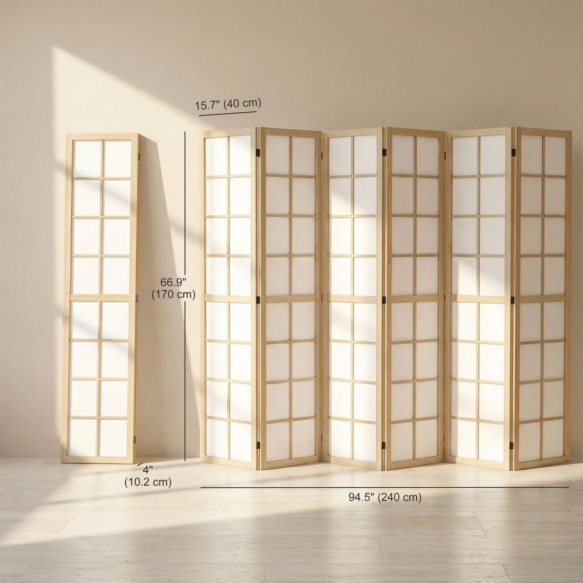 6-Panel Folding Room Divider - 5.6 ft Pine Wood Natural-Home Furnishings > Living Room Furniture > Room Dividers-DECOROLALA