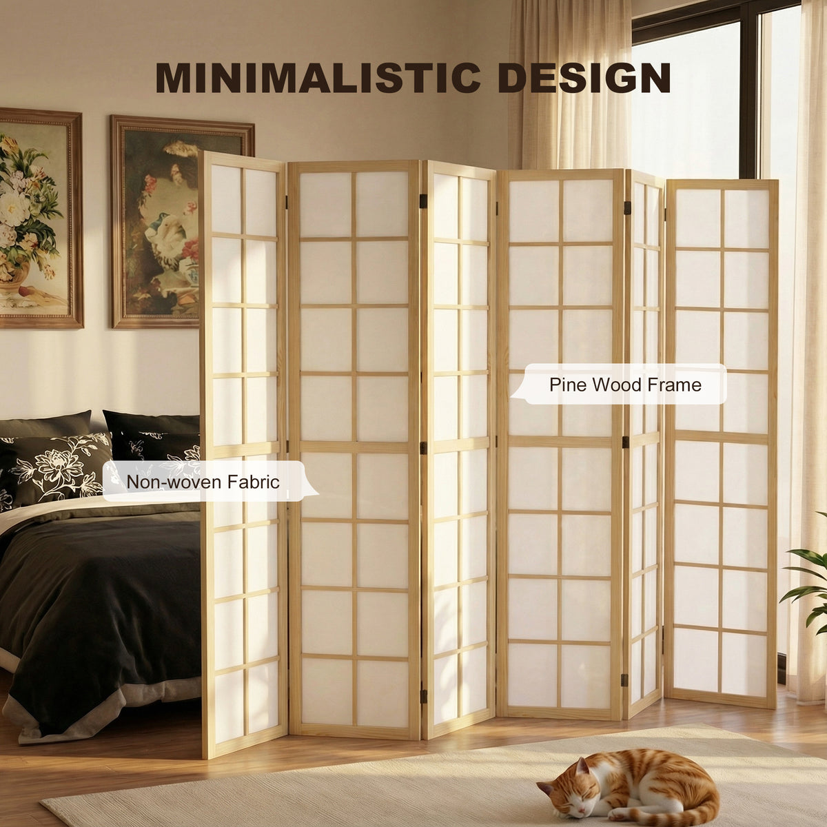 6-Panel Folding Room Divider - 5.6 ft Pine Wood Natural-Home Furnishings > Living Room Furniture > Room Dividers-DECOROLALA