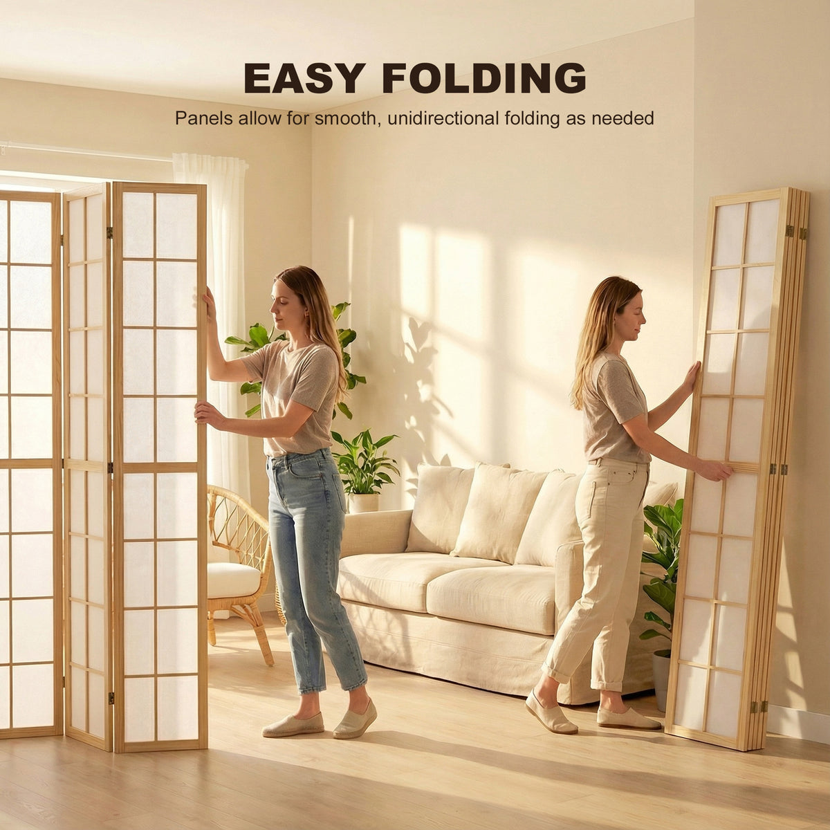 6-Panel Folding Room Divider - 5.6 ft Pine Wood Natural-Home Furnishings > Living Room Furniture > Room Dividers-DECOROLALA