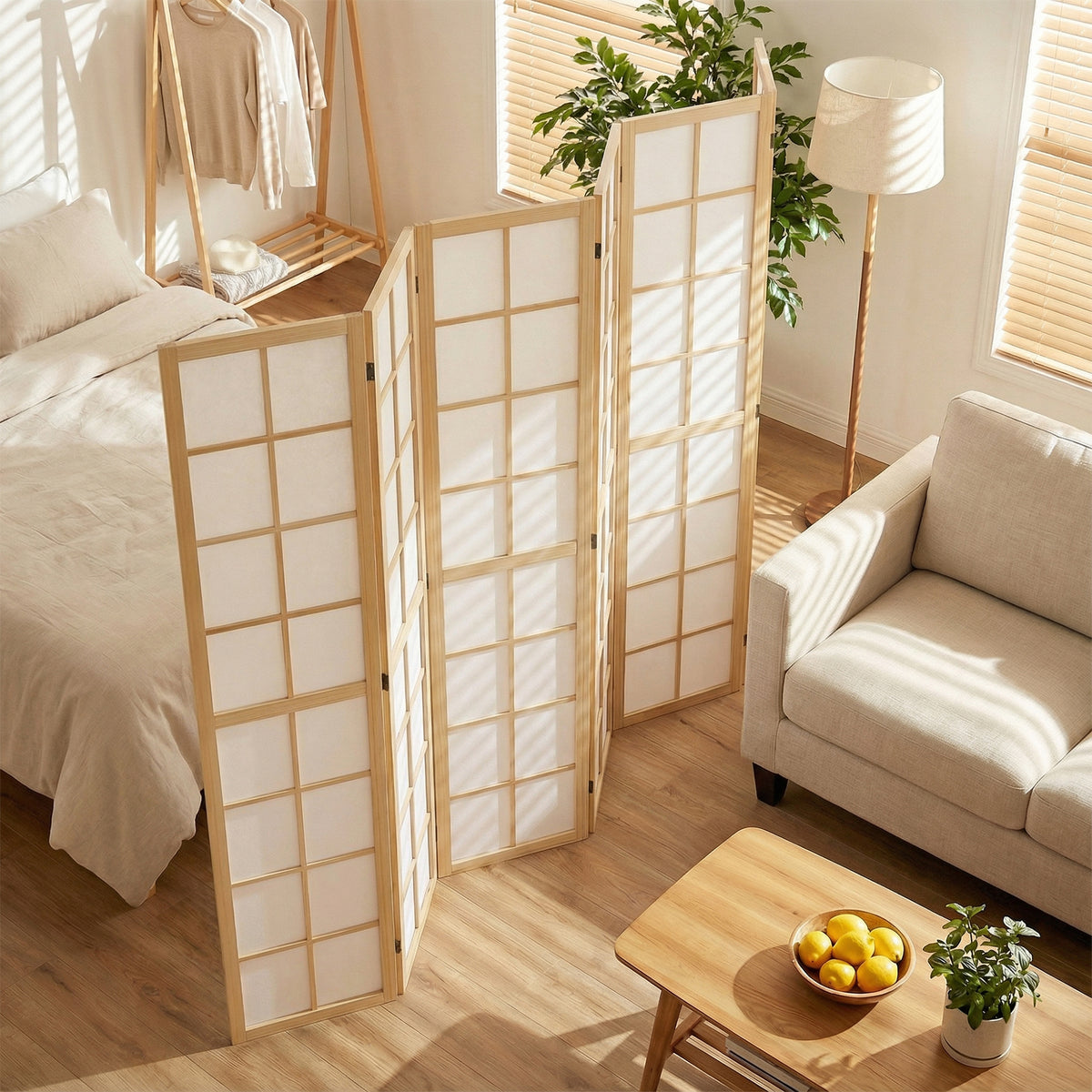 6-Panel Folding Room Divider - 5.6 ft Pine Wood Natural-Home Furnishings > Living Room Furniture > Room Dividers-DECOROLALA