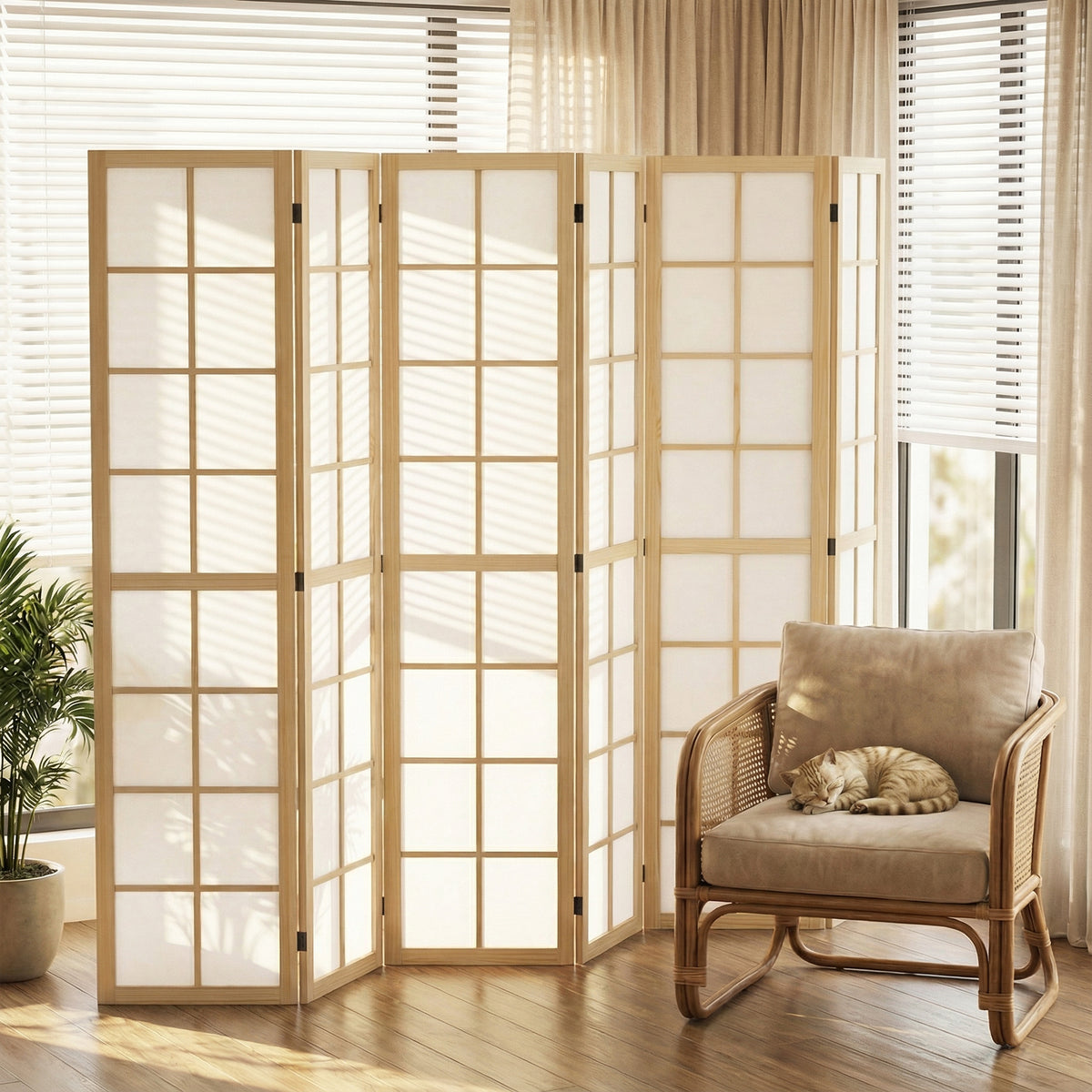 6-Panel Folding Room Divider - 5.6 ft Pine Wood Natural-Home Furnishings > Living Room Furniture > Room Dividers-DECOROLALA