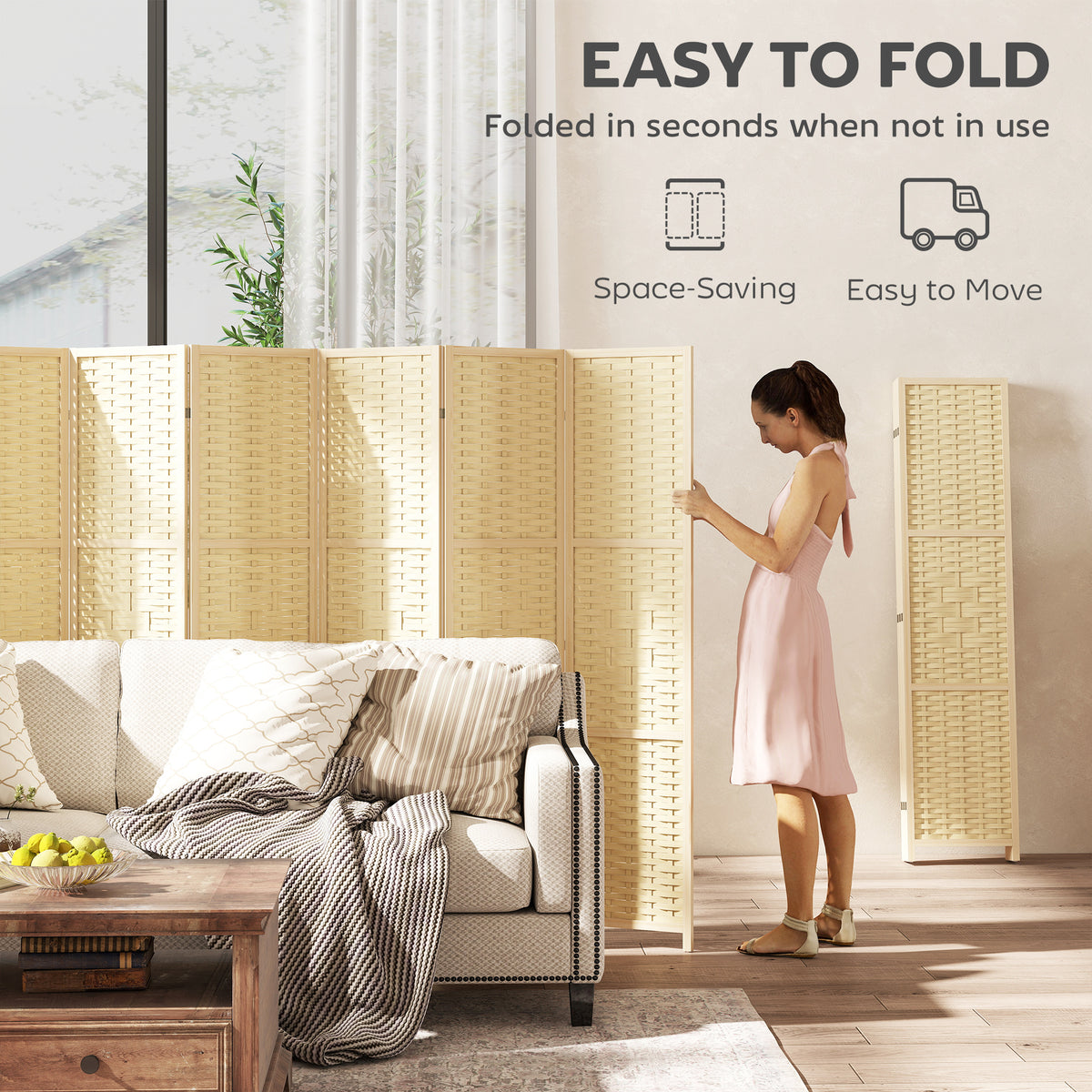 6-Panel Folding Room Divider - 5.6ft Bamboo & Wood Natural-Home Furnishings > Living Room Furniture > Room Dividers-DECOROLALA