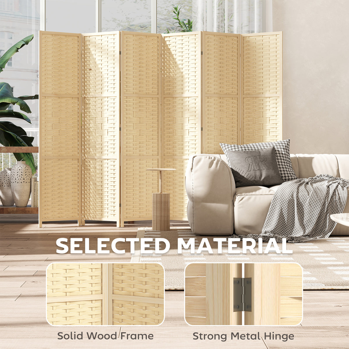 6-Panel Folding Room Divider - 5.6ft Bamboo & Wood Natural-Home Furnishings > Living Room Furniture > Room Dividers-DECOROLALA
