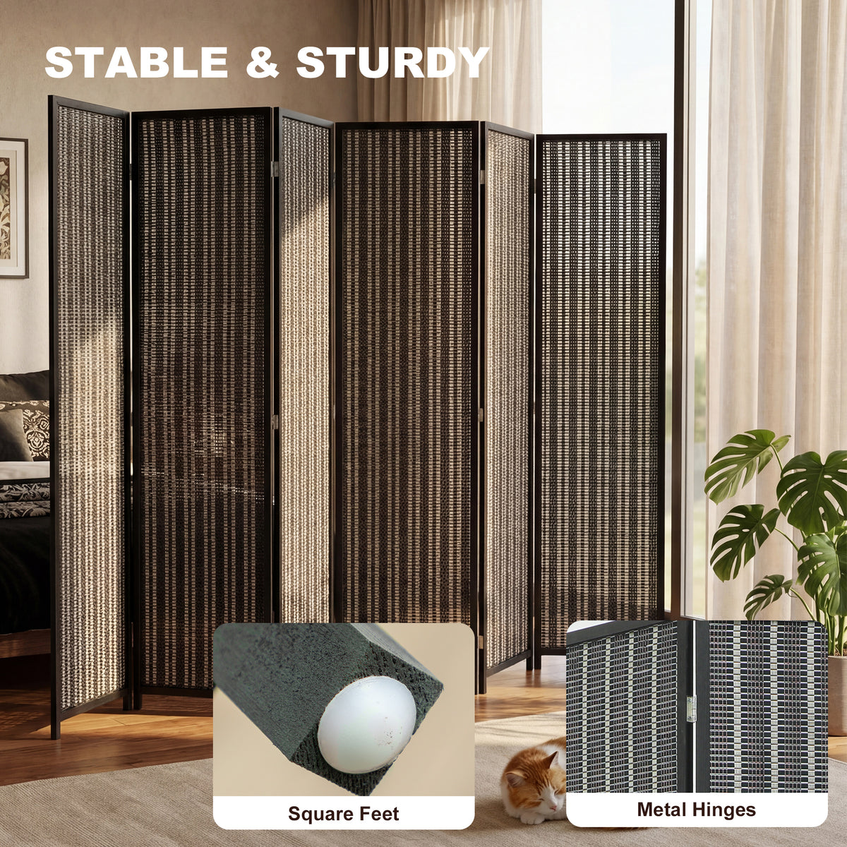 6-Panel Folding Room Divider - Bamboo and Pine Wood Black-Home Furnishings > Living Room Furniture > Room Dividers-DECOROLALA