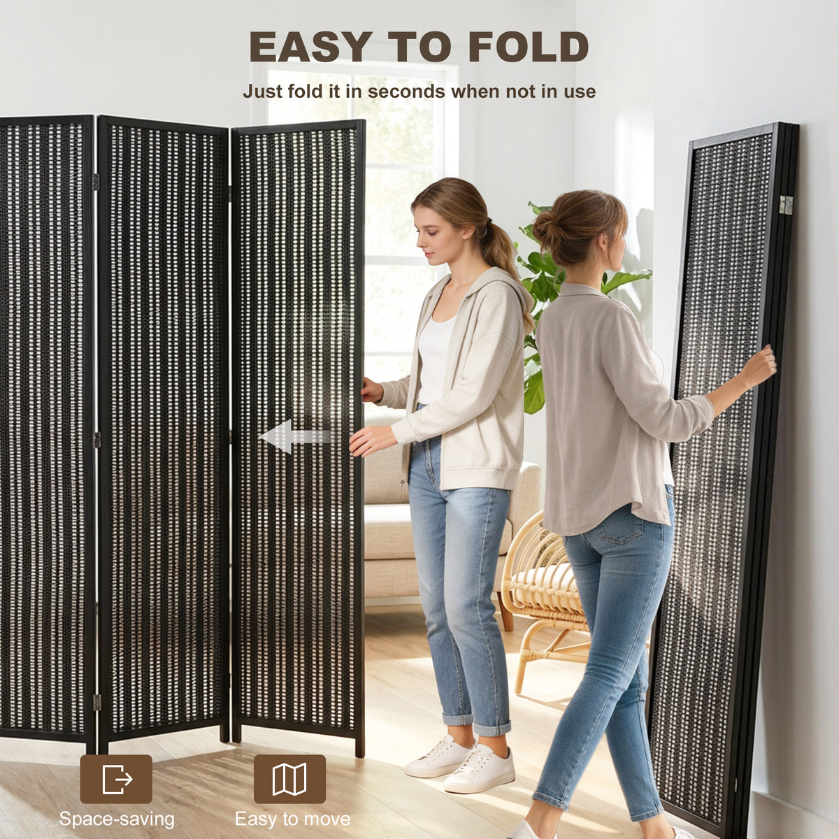 6-Panel Folding Room Divider - Bamboo and Pine Wood Black-Home Furnishings > Living Room Furniture > Room Dividers-DECOROLALA