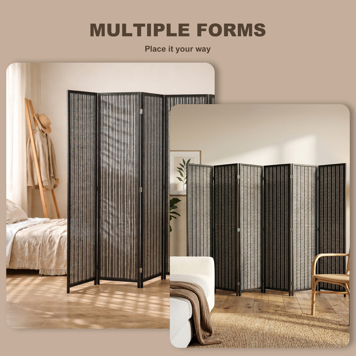 6-Panel Folding Room Divider - Bamboo and Pine Wood Black-Home Furnishings > Living Room Furniture > Room Dividers-DECOROLALA