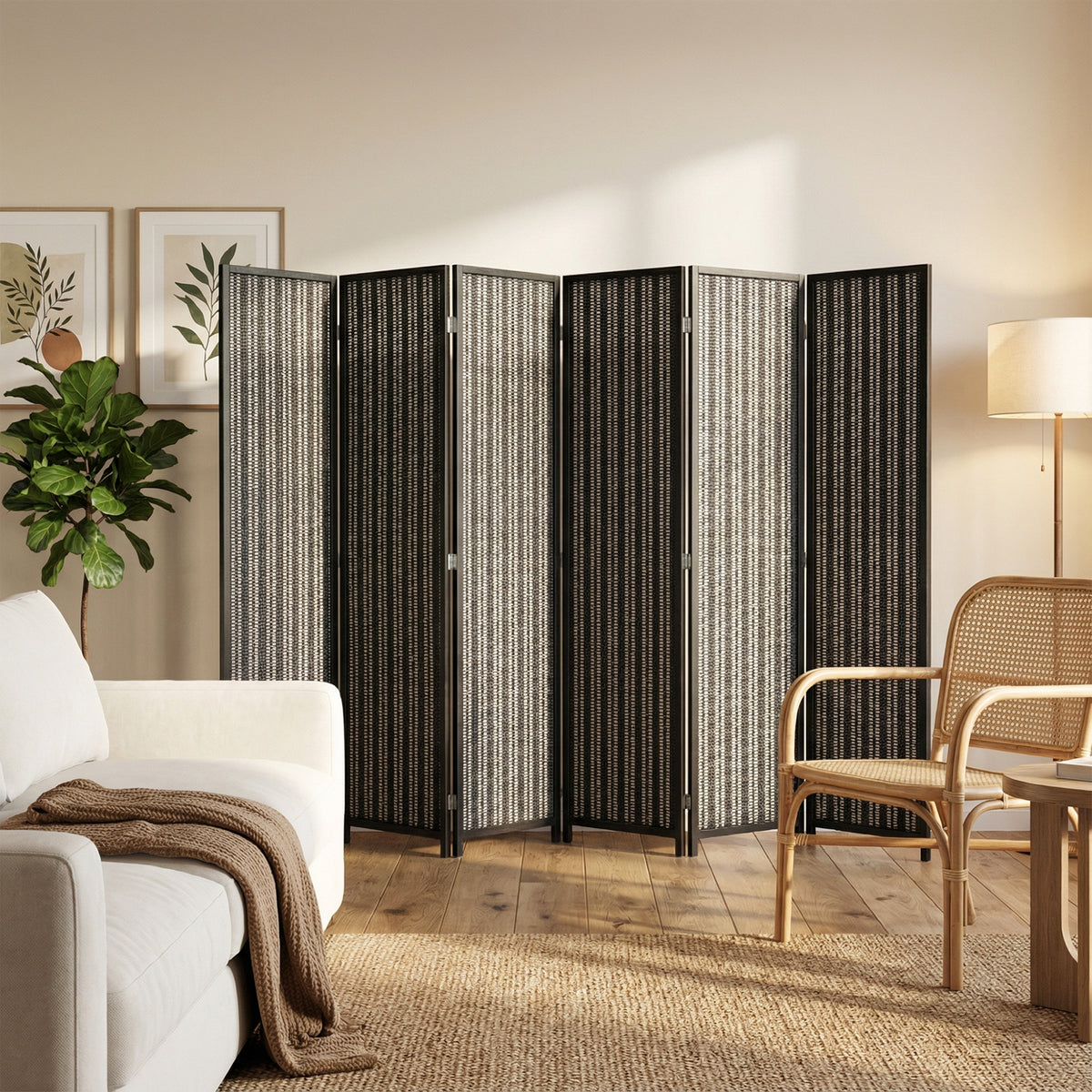 6-Panel Folding Room Divider - Bamboo and Pine Wood Black-Home Furnishings > Living Room Furniture > Room Dividers-DECOROLALA