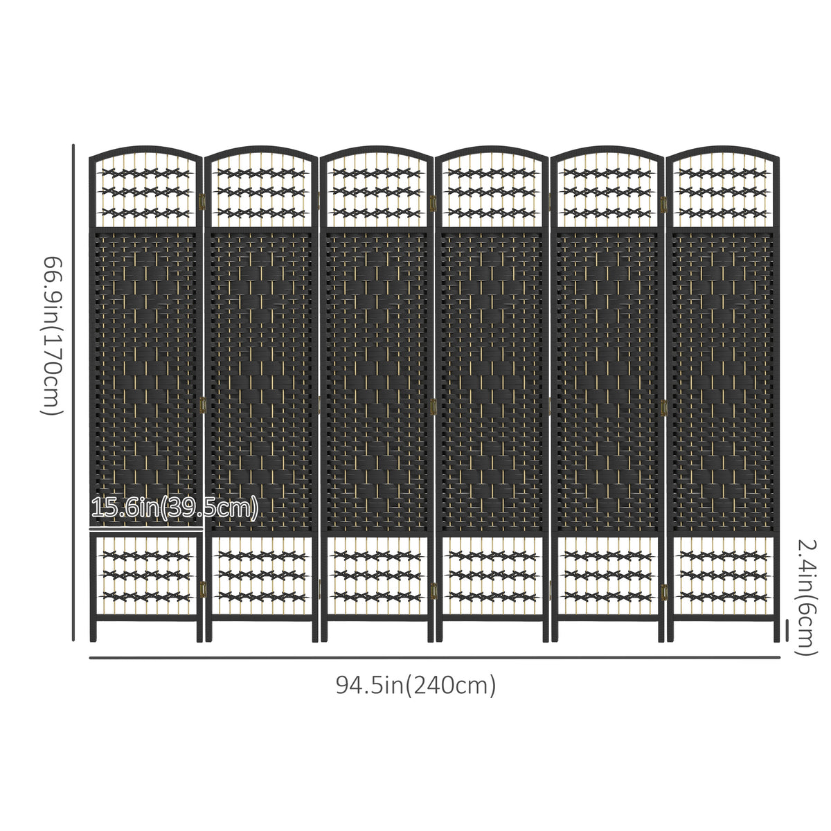 6-Panel Folding Room Divider - Black Woven Fiber Screen-Home Furnishings > Living Room Furniture > Room Dividers-DECOROLALA