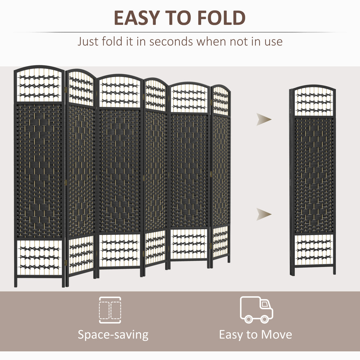 6-Panel Folding Room Divider - Black Woven Fiber Screen-Home Furnishings > Living Room Furniture > Room Dividers-DECOROLALA