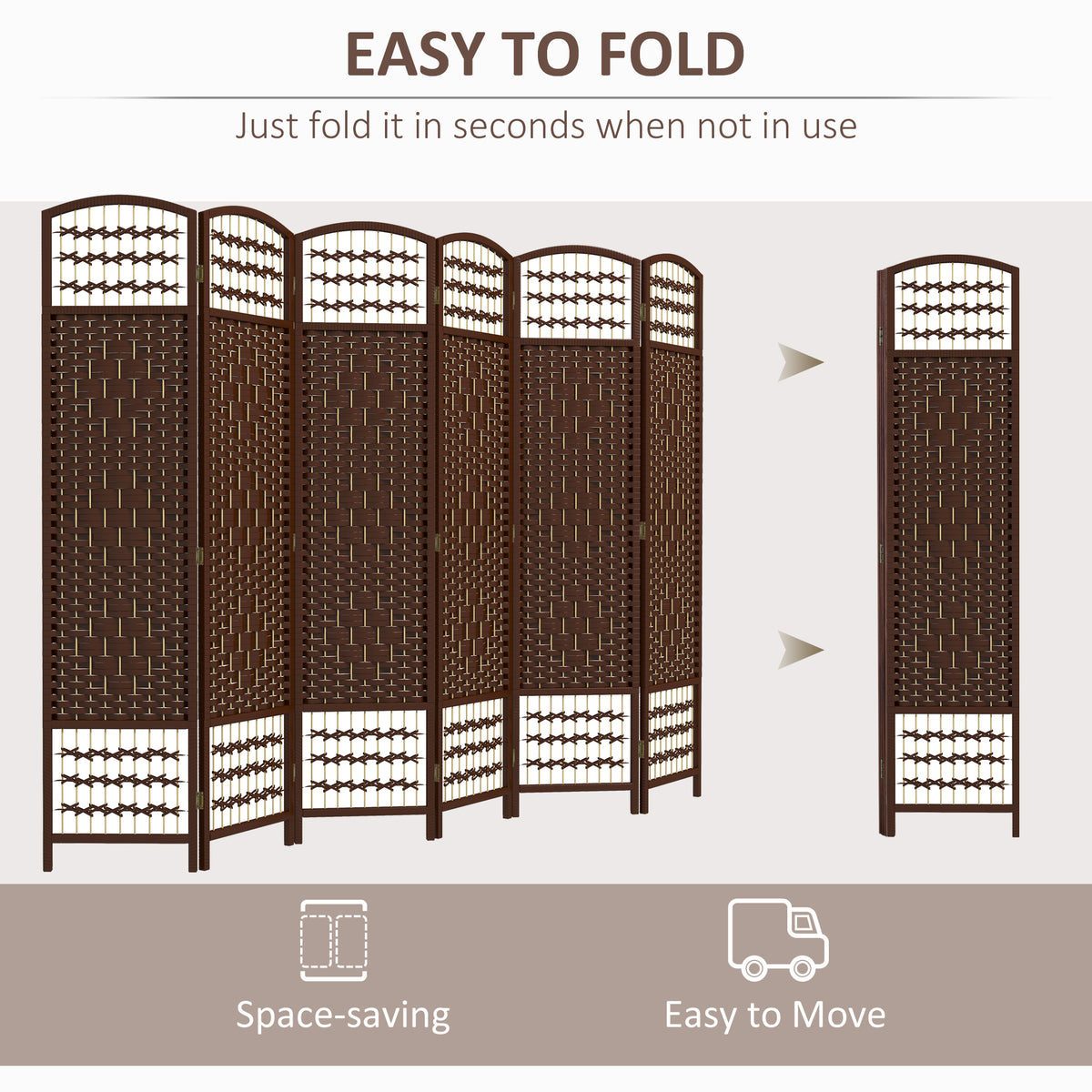 6-Panel Folding Room Divider - Brown Fiber Privacy Screen-Home Furnishings > Living Room Furniture > Room Dividers-DECOROLALA