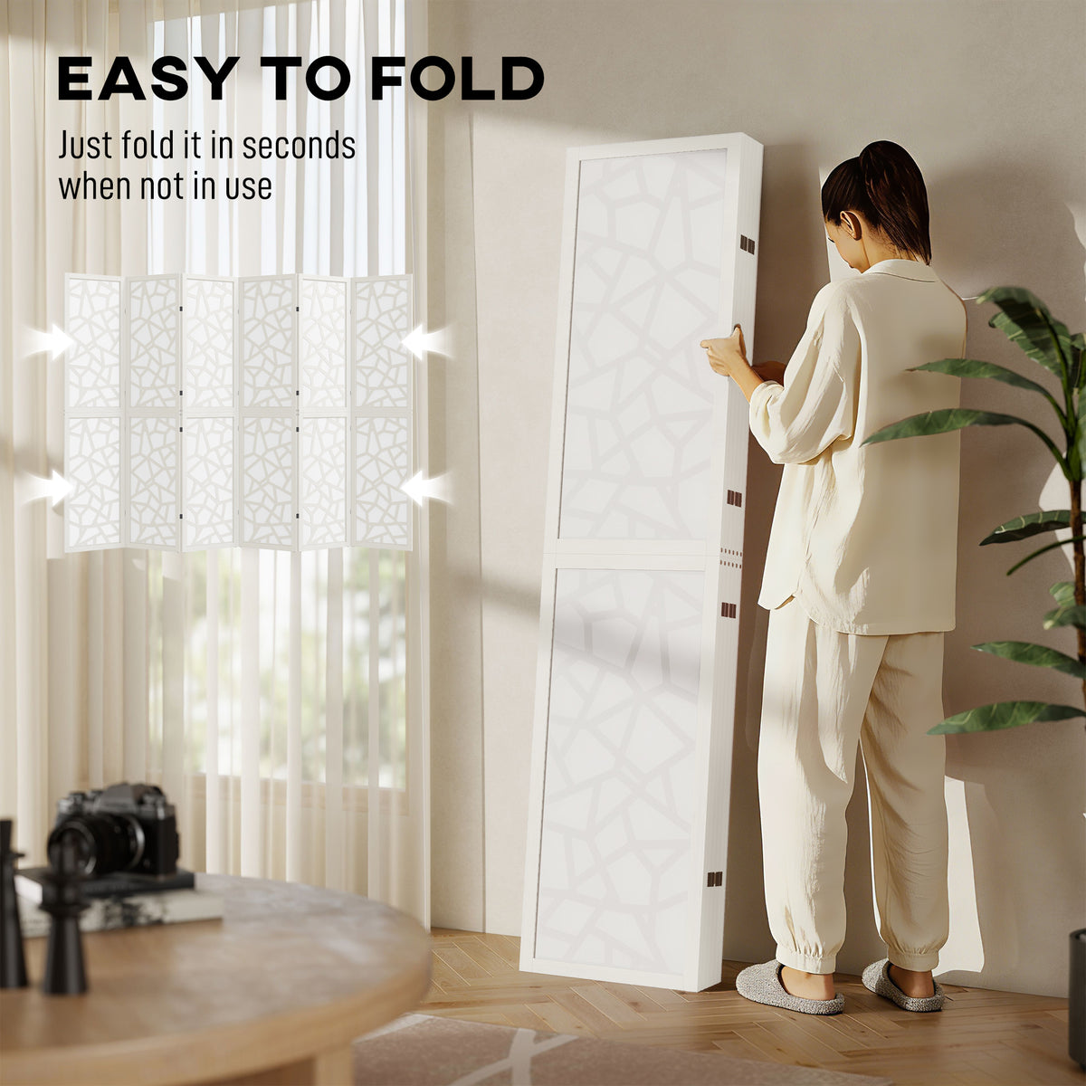 6-Panel Geometric Room Divider - White 5.6' Folding Screen-Home Furnishings > Living Room Furniture > Room Dividers-DECOROLALA