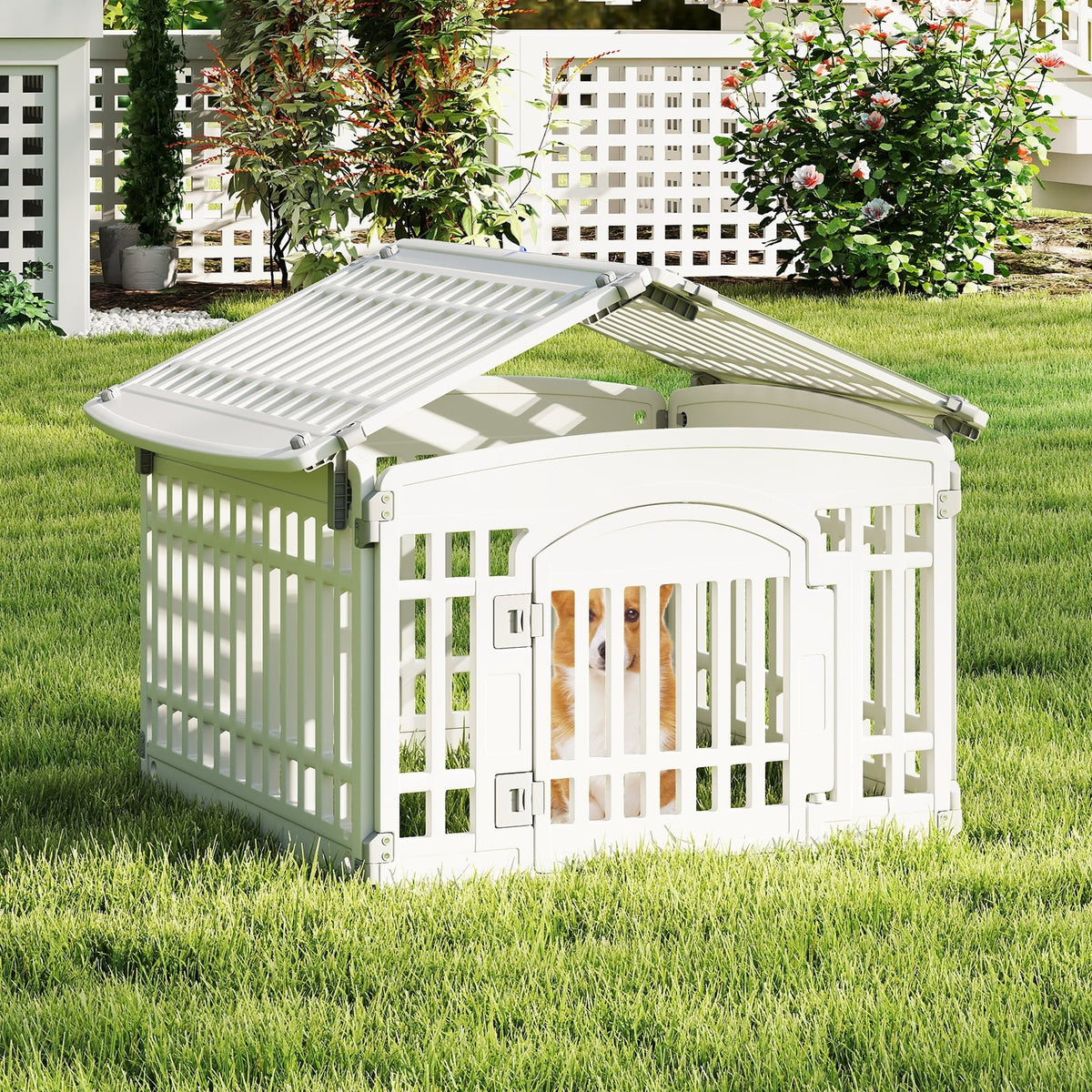 6-Panel Plastic Dog Playpen 24 Inch Indoor Outdoor Pet Fence with Locking Door-White-Pet Gates-DECOROLALA