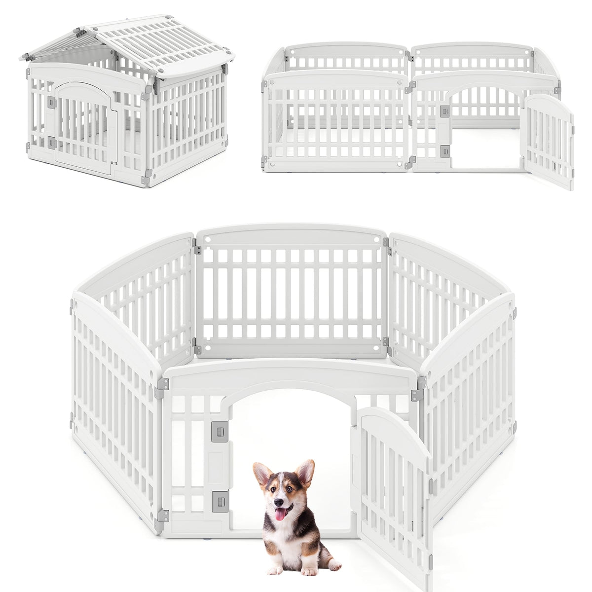 6-Panel Plastic Dog Playpen 24 Inch Indoor Outdoor Pet Fence with Locking Door-White-Pet Gates-DECOROLALA