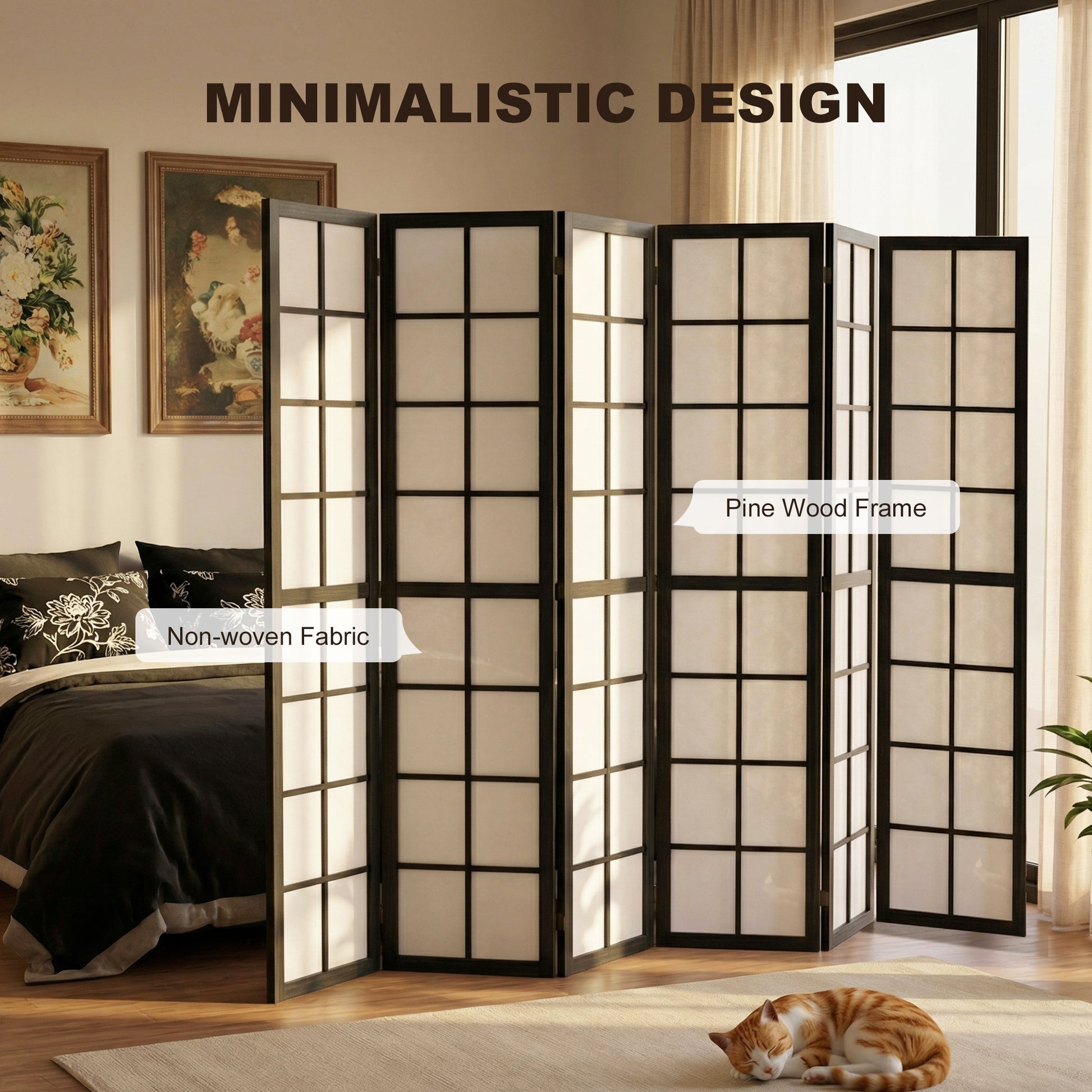 6 Panel Room Divider, 5.6 ft Folding Wall Divider Room Partition for Home Office, Bedroom, Living Room, Black-Home Furnishings > Living Room Furniture > Room Dividers-DECOROLALA