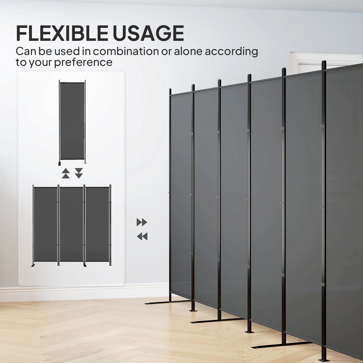 6-Panel Room Divider - Charcoal Grey 6ft Folding Screen-Home Furnishings > Living Room Furniture > Room Dividers-DECOROLALA