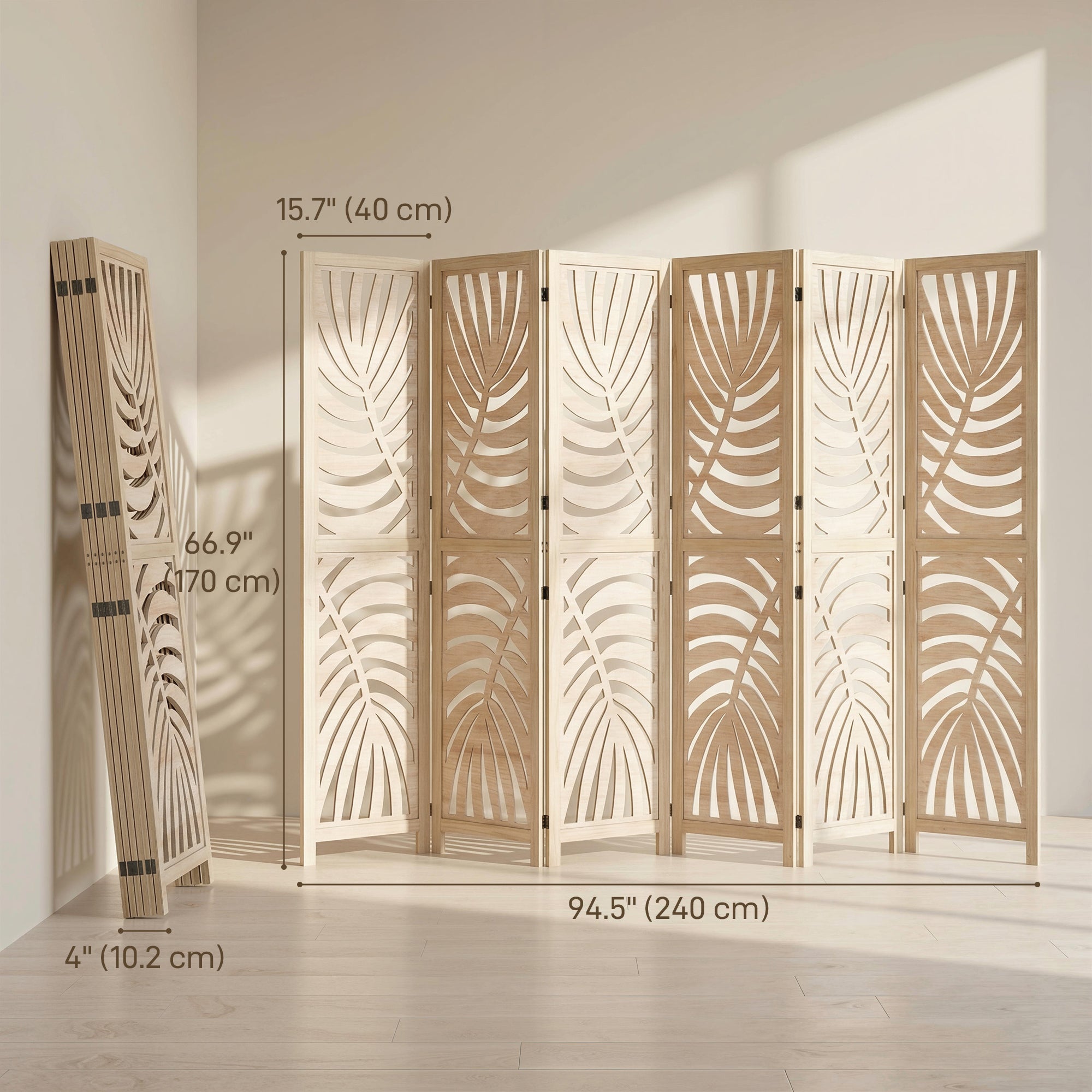 6 Panel Room Divider, Detachable Folding Privacy Screens with Palm Leaf Design for Home Office, Natural Wood-Home Furnishings > Living Room Furniture > Room Dividers-DECOROLALA