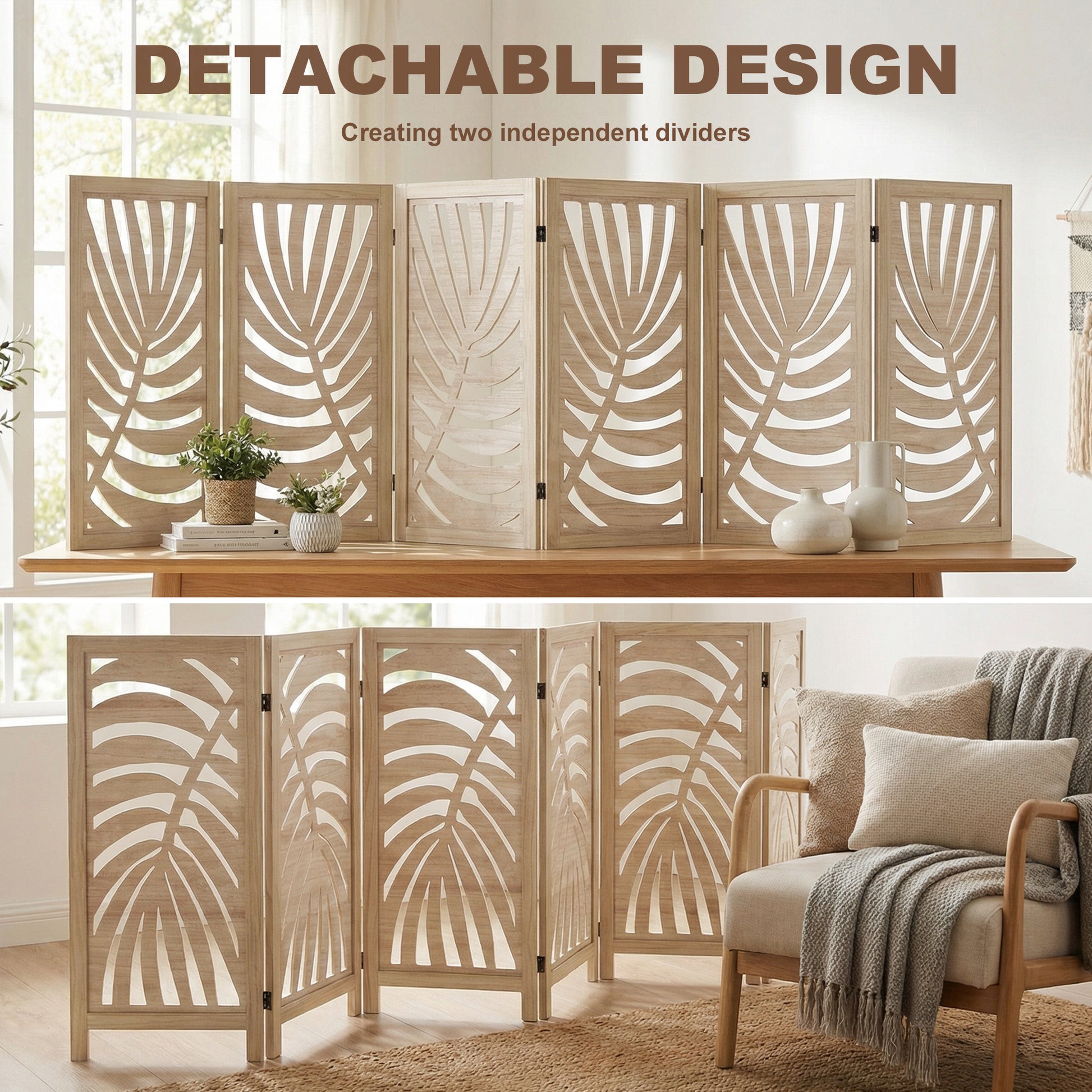6 Panel Room Divider, Detachable Folding Privacy Screens with Palm Leaf Design for Home Office, Natural Wood-Home Furnishings > Living Room Furniture > Room Dividers-DECOROLALA