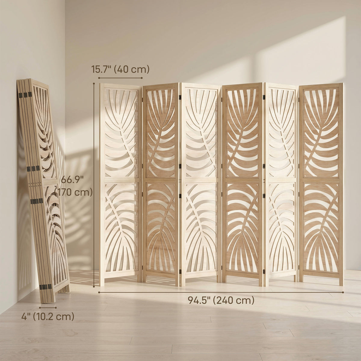 6 Panel Room Divider, Detachable Folding Privacy Screens with Palm Leaf Design for Home Office, Natural Wood-Home Furnishings > Living Room Furniture > Room Dividers-DECOROLALA