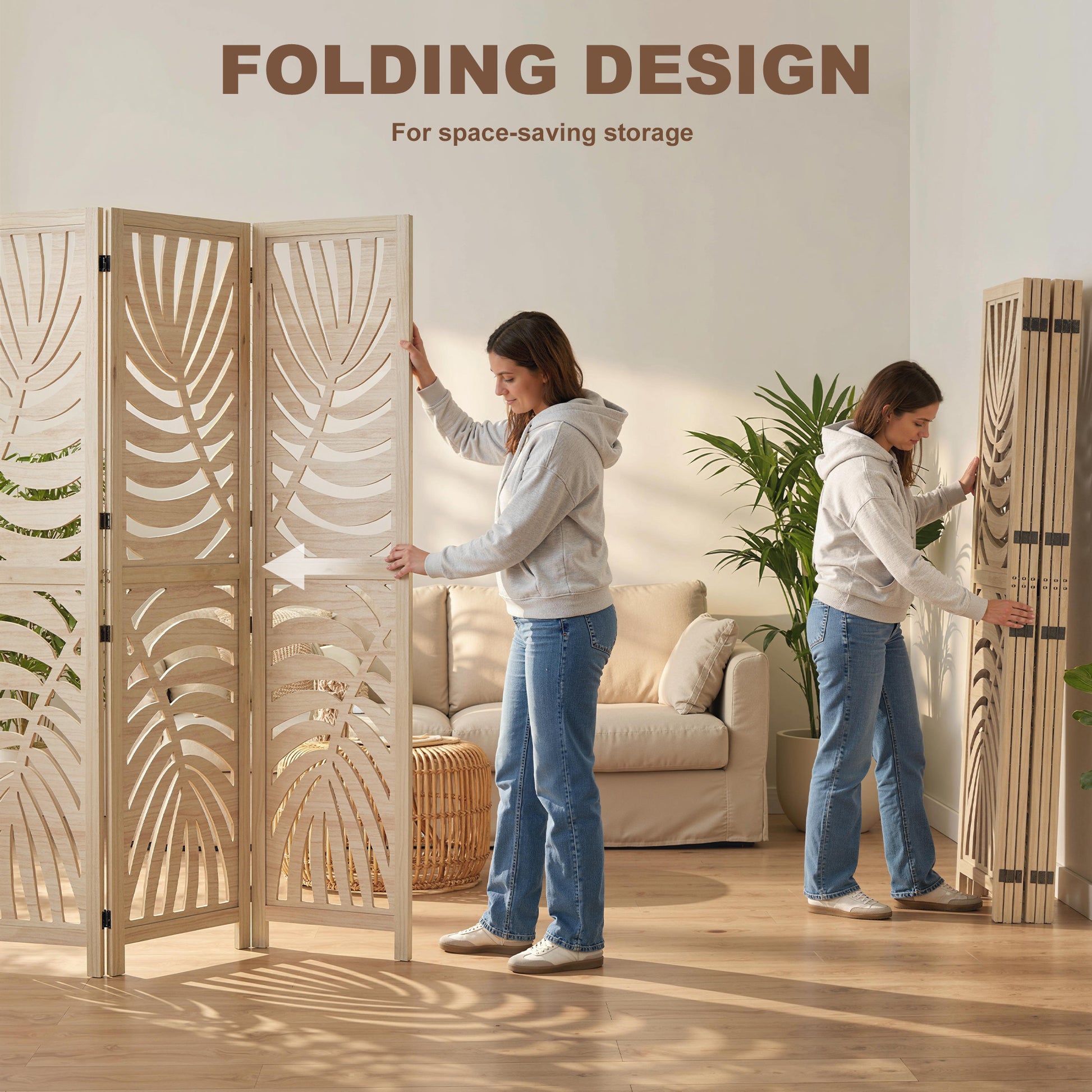 6 Panel Room Divider, Detachable Folding Privacy Screens with Palm Leaf Design for Home Office, Natural Wood-Home Furnishings > Living Room Furniture > Room Dividers-DECOROLALA