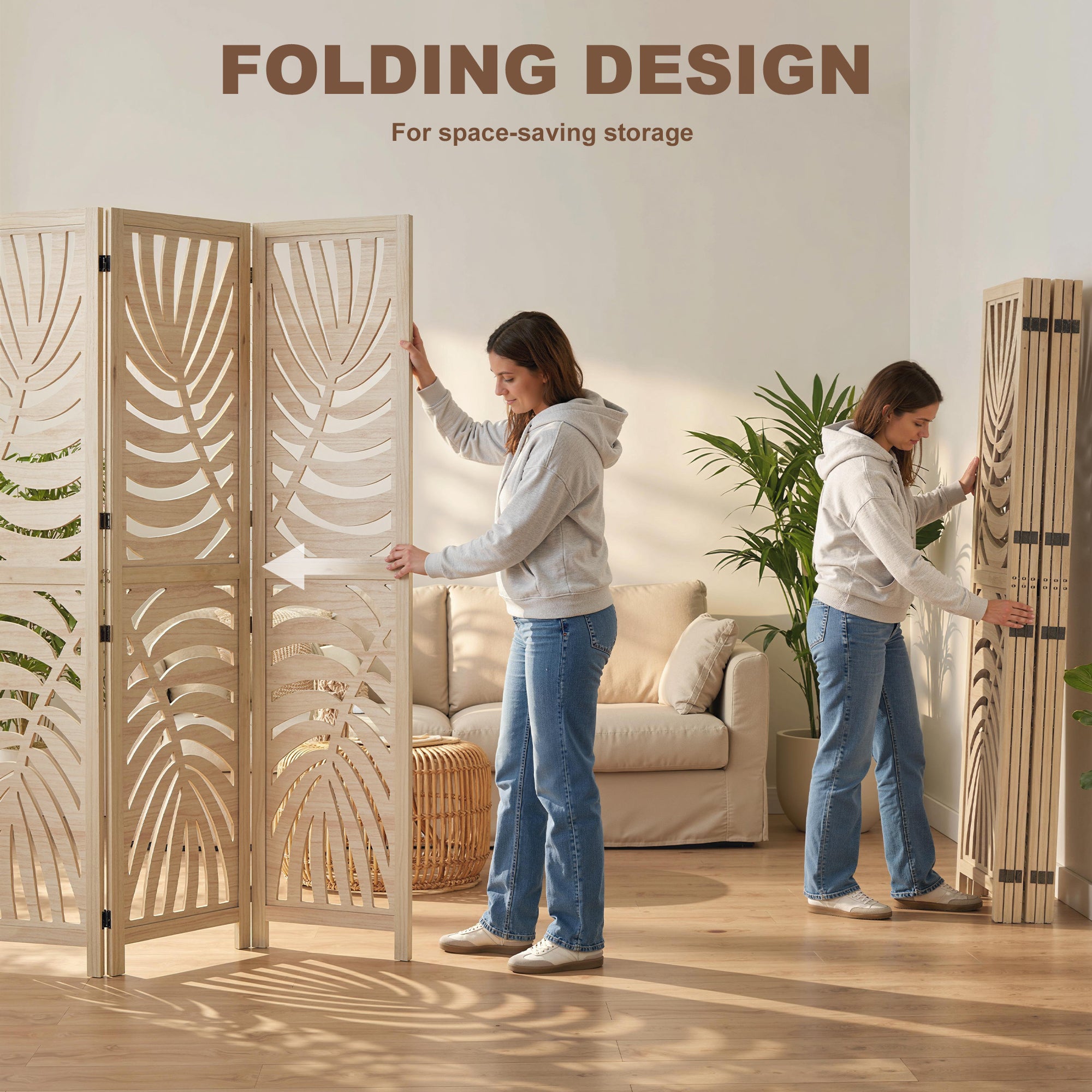 6 Panel Room Divider, Detachable Folding Privacy Screens with Palm Leaf Design for Home Office, Natural Wood-Home Furnishings > Living Room Furniture > Room Dividers-DECOROLALA