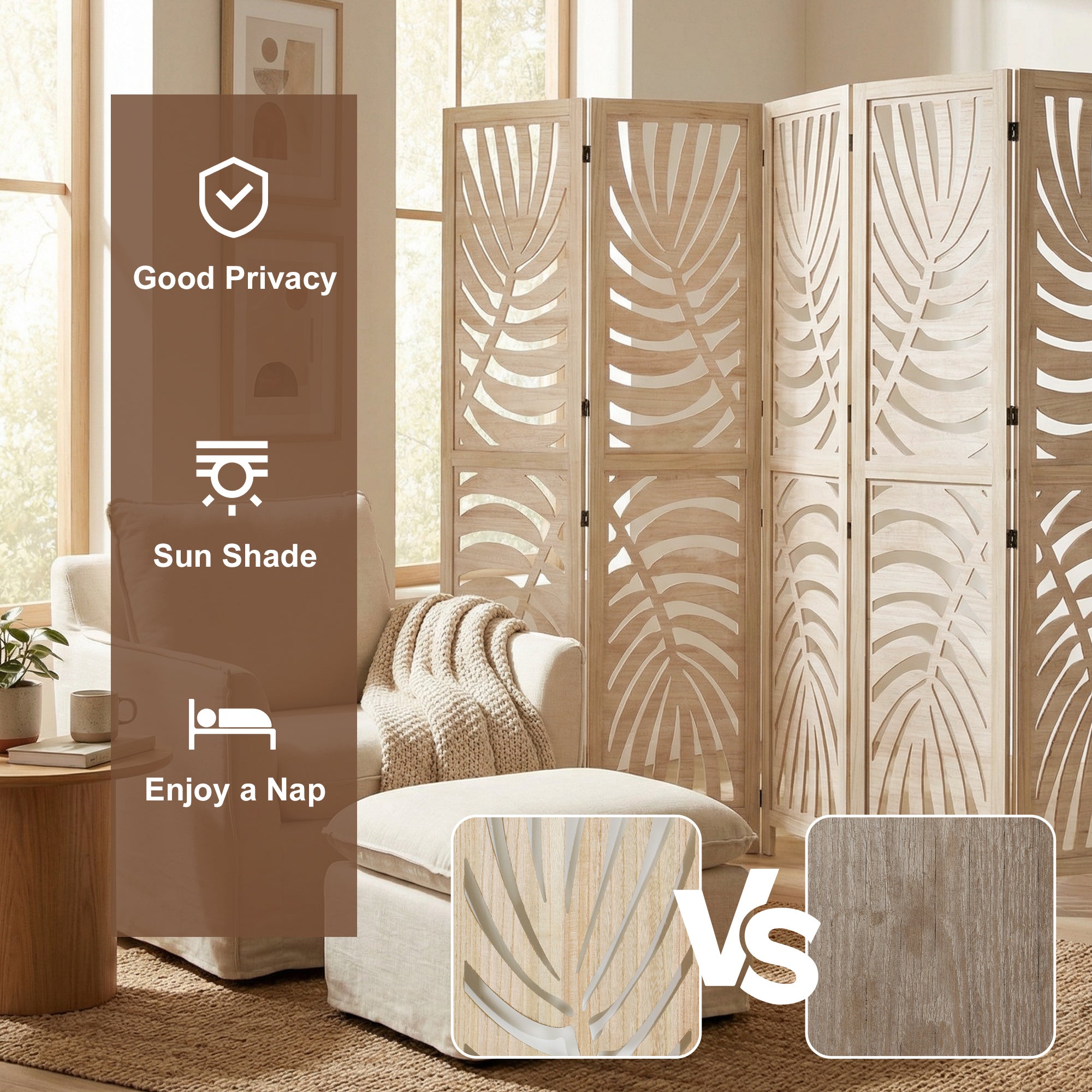 6 Panel Room Divider, Detachable Folding Privacy Screens with Palm Leaf Design for Home Office, Natural Wood-Home Furnishings > Living Room Furniture > Room Dividers-DECOROLALA